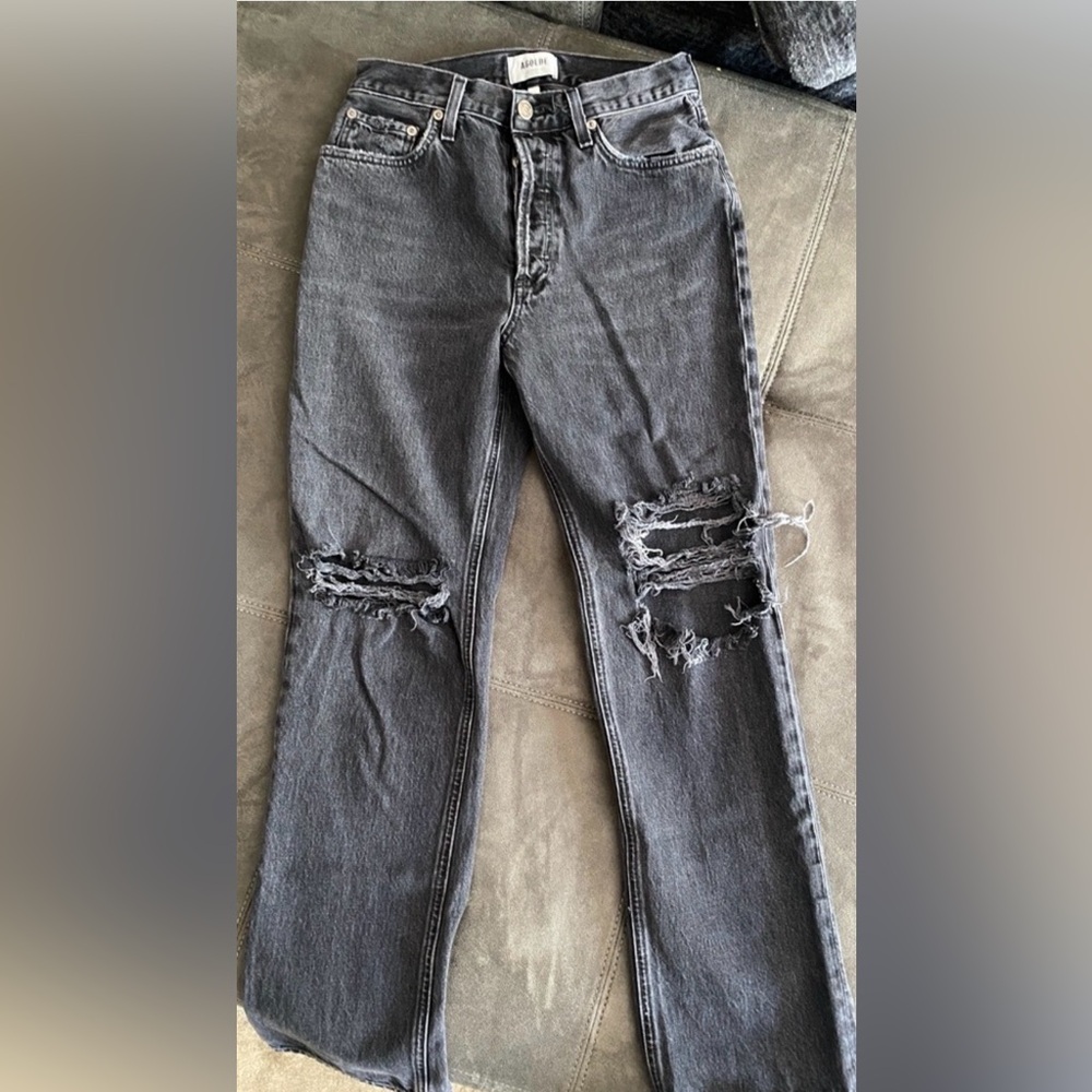 AGOLDE Lana Mid Rise Distressed Black Straight Leg Jeans 27 Organic Cotton